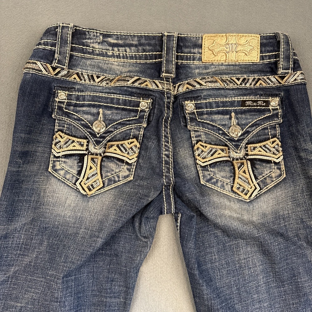 Miss Me Boot Cut Jeans 27/31 Cross Embellished GOLD Bling Sequin Rhinestone